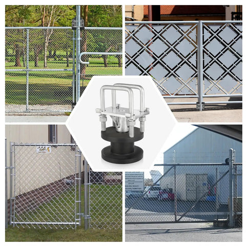 Badass Sliding Gate Rollers For Chain Link Fencing With 4 Inch Post Mounting Heavy Duty Nylon Cantilever Wheels shown with various chain link gates.