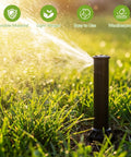Knockout Pack Slick Gear Drive Pop Up Sprinkler Heads Compatible With Standard Irrigation Systems Including Solid Metal Screwdriver Tool And Targeted Curtain Nozzles For Hella Even Lawn Hydration And Quick Weekend Backyard Upgrades, showcasing a working sprinkler head watering grass.