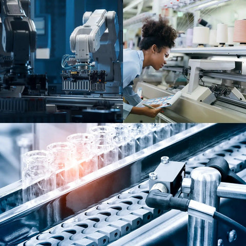Industrial setup with robots and a worker inspecting machinery, featuring automated packing and assembly processes.
