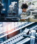 Image of automated machinery, a worker inspecting equipment, and glass bottles on a conveyor, showcasing industrial operations.