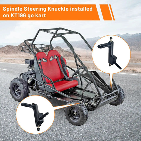 Left And Right Spindle Steering Knuckle With Ball Joint Assembly installed on KT196 go-kart, front view