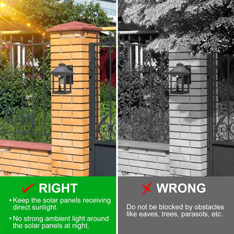 Two Pack Solar Wall Lantern Lights With Motion Sensor Dusk To Dawn Waterproof LED Wall Sconce Exterior Porch Light Fixtures Warm White 3200K Three Lighting Modes For Fence Patio Garage Garden Yard illustrating correct and incorrect placement.