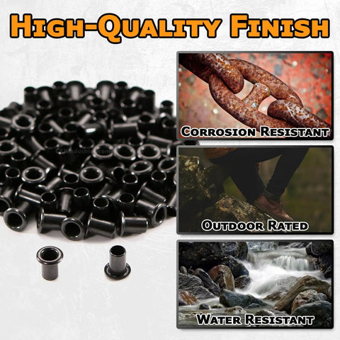 Black Coated Binding Eyelets 100 Pack Length Six To Nine Three Sixteenths Inch Diameter USA Made Rivets shown with durability features