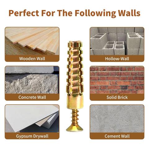 30 Packs Heavy Duty Hollow Wall Anchors With Screws 6x32mm Tree Shape Expanding Drywall Anchors showing compatible wall types