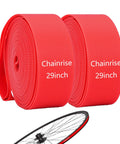 Pair of red Chainrise 29 inch rim strip protectors with bicycle wheel, Rim Strip Protector For Road And Mountain Bikes, High Strength Nylon Anti Puncture Rim Liner, Universal Fit For 20 24 26 27.5 29 And 700C Wheels, Inner Tube Guard No More Flats, Red 2 Pack.