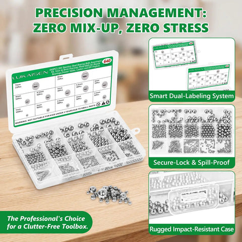640 Piece Assorted 304 Stainless Steel Bearing Balls Kit 1mm To 8mm Sizes in organized case for auto repair and DIY projects.