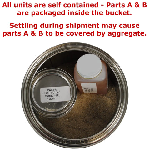 Quick Setting Epoxy Concrete Floor Patch Two Gallon Light Gray Rapid Cure Mix inside metal bucket with Parts A & B.