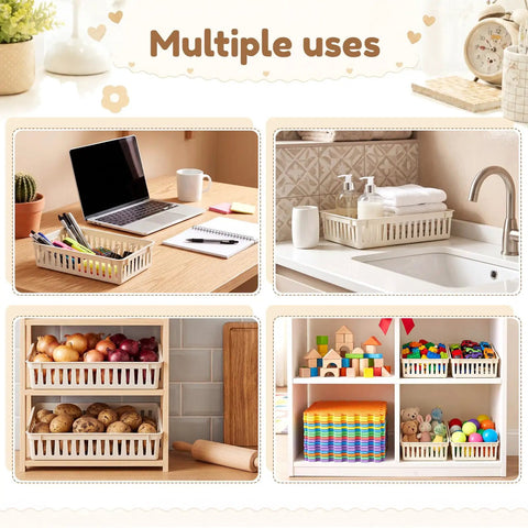 Slick And Solid Plastic Storage Baskets For Classroom Organizing And Teacher Desk Organization Premium Beige Containers shown in multiple uses.