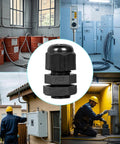Close-up of black PA66 PG7 waterproof cable gland with hex nut, for electrical cable strain-relief.