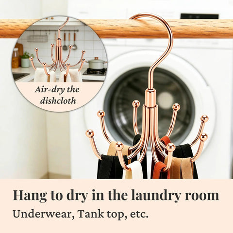 Rotating Rose Gold Closet Hangers For Bras Tanks Belt Ties 360 Degree Swivel Hook Multi Purpose Wardrobe Storage System in laundry kitchen.