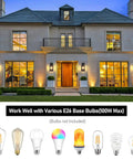 Weatherproof Outdoor Wall Light Fixtures on house with various E26 base bulbs shown below image.