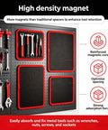 Dual Magnetic Tool Mats Set For Mechanics And DIYers Heavy Duty Magnetic Trays To Hold Screws Nuts Bolts And Small Metal Parts Non Slip Flexible Work Surface For Car Repair And Workshop, red-framed mats on pegboard display