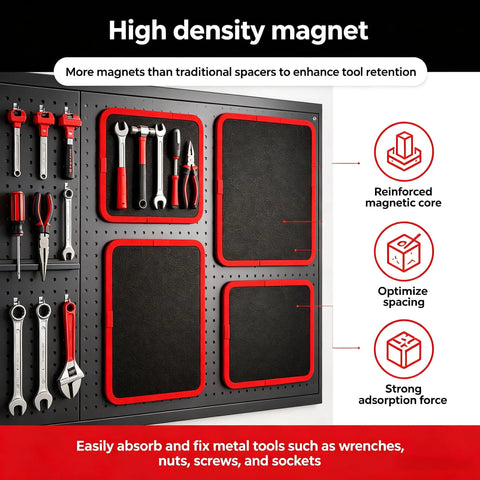 Dual Magnetic Tool Mats Set For Mechanics And DIYers Heavy Duty Magnetic Trays To Hold Screws Nuts Bolts And Small Metal Parts Non Slip Flexible Work Surface For Car Repair And Workshop, red-framed mats on pegboard display