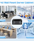 Heavy-Duty Badass 4U Wall Mount Network Rack Cabinet With Lockable Tempered Glass Door shown in office, school, factory, and data center.