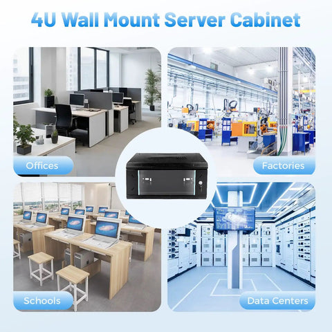 Heavy-Duty Badass 4U Wall Mount Network Rack Cabinet With Lockable Tempered Glass Door shown in office, school, factory, and data center.