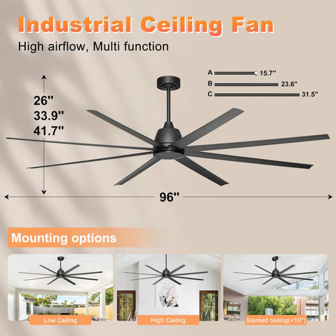 96 Inch Beefy Industrial Ceiling Fan No Light With 8 Blades Remote And App Control DC Motor 3CCT Black For Garage Shop Warehouse