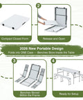 Infographic showing folding stages of Picnic Table Set With 2 Benches, 6 Feet Folding Camping Table And Chairs, Wood Grain Top, Grab And Go All In One Portable Folding Furniture For Parties, Camping, Picnics, And Weddings, White.