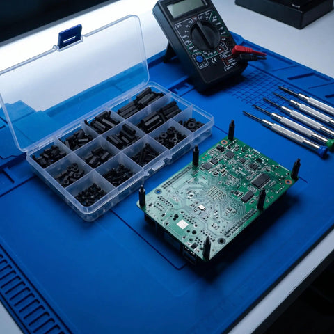 Badass Black Nylon Hex Standoff Hardware Kit with screws, nuts, and washers next to an electronic circuit board on a work mat.