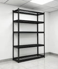 Commercial Grade Five Tier Steel Shelving Unit With Fully Adjustable Heights in black with empty shelves in bright room.