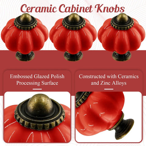Set Of Eight Red Ceramic Pumpkin Knobs With Heavy Duty Zinc Base And Shiny Embossed Glaze For Vintage Cabinets And Kitchen Drawers. Detailed view of ceramic pumpkin knobs showing embossed glaze and zinc base.