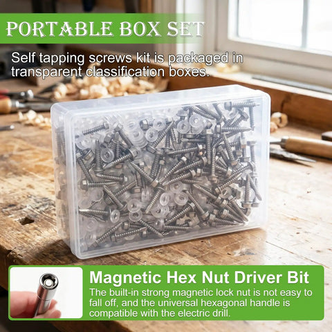 370 Piece Job Site Staple 410 Stainless Steel Number 8 By 3/4 Inch Hex Washer Head Self Drilling Screw Kit With 185 Washers And Magnetic Socket Bit In Durable Clear Case