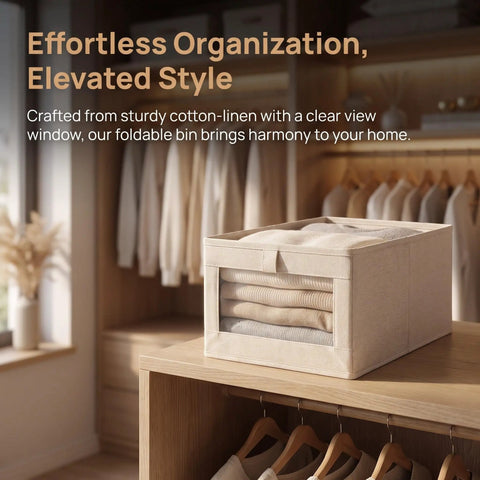 Sleek Foldable Cotton Linen Closet Storage Bins With Clear Window For Clothes Books And Toys Slick Multi Purpose Skinny Containers Easy To Pack Away No Sweat Home Organization Big Time Game Changer 3 Pack on a wooden shelf with sweaters.