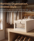 Heavy Duty Cotton Linen Foldable Storage Bins Stackable Closet Organizers on a shelf, neatly holding folded clothes visible through the clear window.