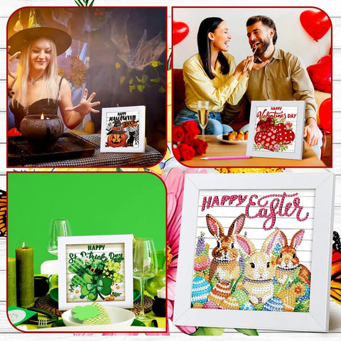 13 Piece Interchangeable Holiday Diamond Art Kit Set For Adults With Framed 5D Full Drill Gems Dope Seasonal DIY Craft Gift Includes Tools And Frames For Beginners Or Monthly Table Decor featuring Halloween, Valentine's, St. Patrick's, and Easter designs.