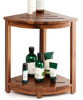 Wood Corner Shower Bench With Storage Shelf For Tight Bathrooms, 12W X 12D X 18H, Durable Acacia Wood Stool with toiletries