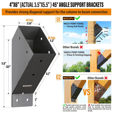 8-Pack 45 Degree Angle Support Bracket For 4x6 Pergolas Gazebos Decks Porches And Cabins Frosted Black Finish Stainless Steel Construction With 201 Body And 304 Screws Waterproof Rustproof Corrosion-Resistant shown in detailed diagram
