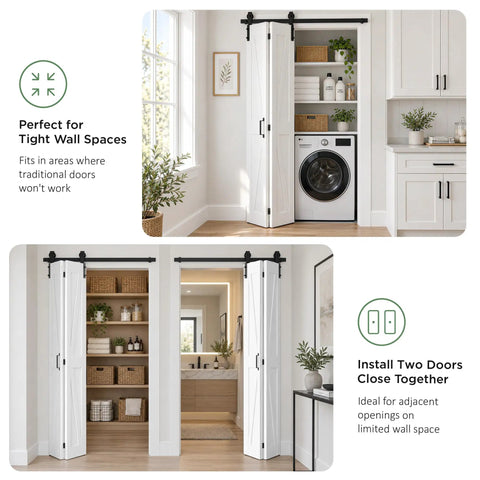 Foolproof Setup Bifold Barn Doors 40 Inch By 84 Inch With Badass 44 Inch Slider Track Kit installed in tight wall spaces