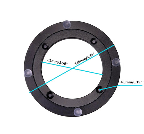 Badass Heavy Duty Six Inch Aluminum Alloy Turntable Bearing Base Black Lazy Susan Rotating Swivel Plate top view with measurements.
