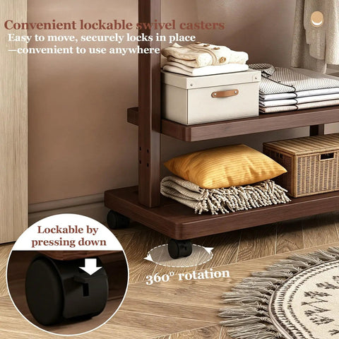 Heavy Duty Bamboo Rolling Clothing Rack With Wheels And Storage Shelves Hella Sturdy Garment Stand featuring lockable swivel casters.