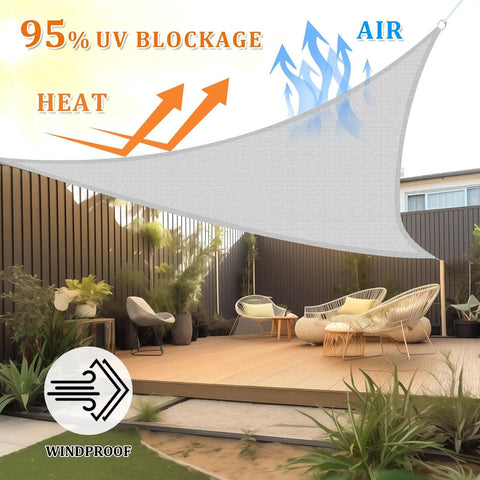 Light Grey Triangle Shade Sail 10x10x10 For Backyard Patio Pergola Garden Deck, Breathable UV Blocking Canopy shown installed outdoors.