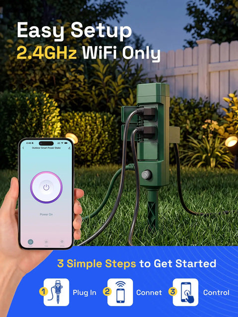 Top Notch Six Outlet Outdoor Smart Power Stake Timer Offering Slick Wifi Setup And No Fuss Voice Control Synced With Alexa And Google Home For Plug And Play Yard Automation And Garden Light Scheduling with smartphone.