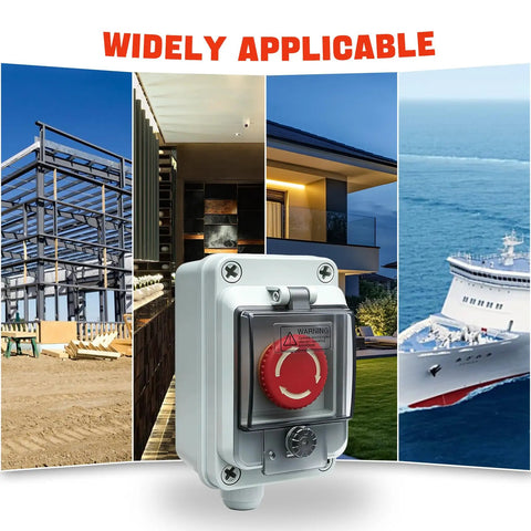 No Frills Shop Grade Emergency Stop Push Button Station Box with heavy duty enclosure in various industrial settings.