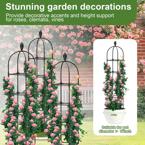2 Pack Garden Obelisk Trellis For Climbing Vines Adjustable 35 To 70 Inch Plant Support Heavy Duty Rustproof Metal With Plastic Coating Indoor Outdoor Black Obelisk 11 Inch Base Four Height Settings Built Tough For Precise Plant Training, supporting roses in an outdoor garden setting