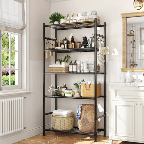 Rock Solid 5 Tier Metal Storage Shelf Heavy Duty Vertical Shelving Unit With Hooks 33.5 Inch Wide in a home setting with decor items.