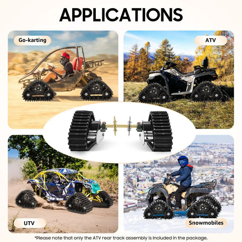 Rugged 600mm Rear Axle Track Assembly for Go Karts, UTVs, Quads, and Snowmobiles shown in various terrain applications