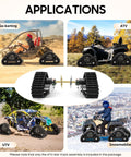 Heavy Duty 600mm Rear Axle Track Kit For Go Kart UTV Buggy Quad ATV Snow Sand Snowmobile With Rear Wheel And Electric Motor Pro Replacement Track Assembly shown with various vehicle applications including go-karts, ATVs, UTVs, and snowmobiles.