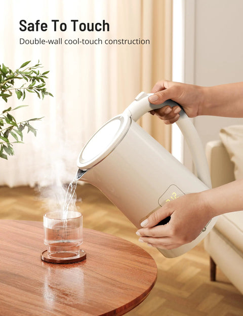 Pouring hot water from 1.7L Large Kettle With Temperature Control And LED Screen Quick Heat For Tea And Coffee 6 Presets 4 Hour Keep Warm