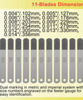 A308 offset valve tappet gauge set with 11 steel feeler blades and dual handles