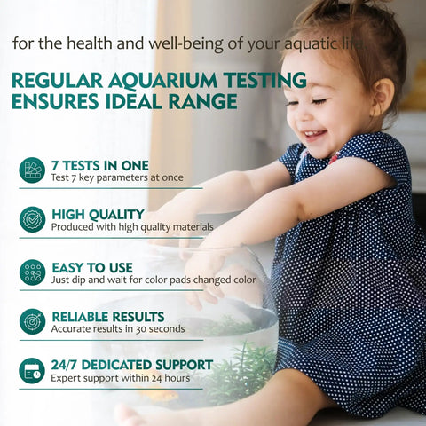 Child interacting with fishbowl highlighting Pro 7 Way Aquarium Test Strip Kit Includes 125 Green Strips for easy water testing.