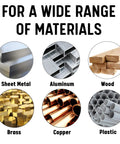 Image showing different materials: sheet metal, aluminum, wood, brass, copper, plastic for five piece extra long high speed steel drill bit set.