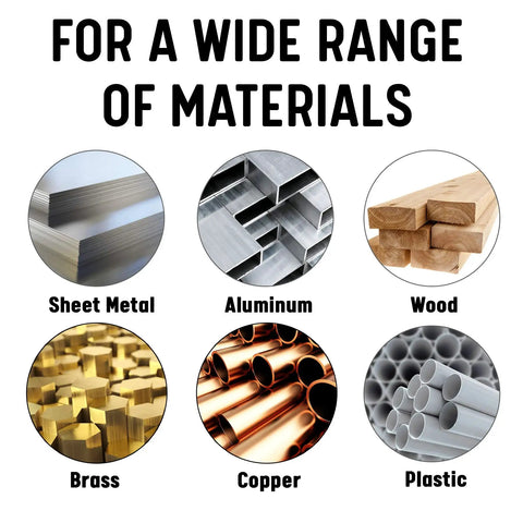 Image showing different materials: sheet metal, aluminum, wood, brass, copper, plastic for five piece extra long high speed steel drill bit set.