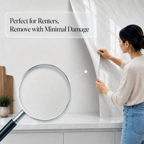 Person applying Marble Look Peel And Stick Contact Paper 39 Inch By 118 Inch White Vinyl Wallpaper for countertop surface.