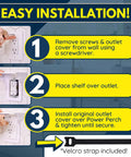 Outlet Shelf With Cord Storage Strap To Declutter Counter Space And No Wall Damage, installation steps illustration