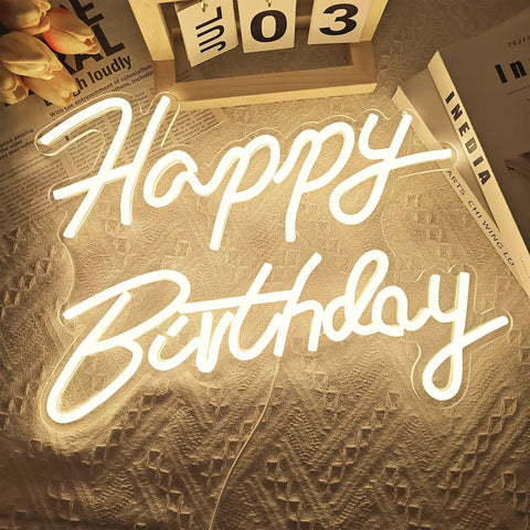 Lit Adjustable Dimmable Happy Birthday Neon Sign LED Light Up Backdrop For Parties, set on a textured background, glow effect.