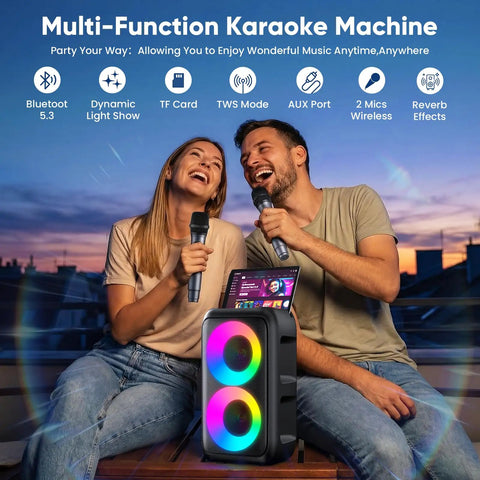 Couple enjoying Karaoke Machine For Adults And Kids Portable Bluetooth Speaker With Two Wireless Microphones TWS Mode And LED Light 15W PA System For Home Parties