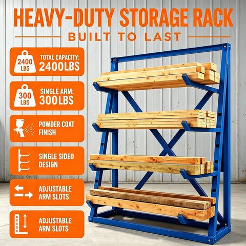 Workhorse Heavy Duty Lumber Storage Rack With Adjustable Arms And Beefy Alloy Steel Build For Stashing Pipes And Rebar Up To 2400 Pounds Without Breaking A Sweat filled with lumber planks.